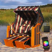 Swing & Harmonie RGB - Strandkorb XXL - 118cm inkl. Abdeckcover LED Luxus Volllieger mit Solarmodul Ostsee Sonneninsel Rattan Möbel Polyrattan (rot/grün/beige - kariert)