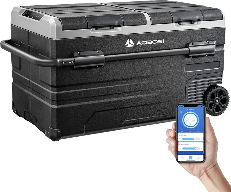 AAOBOSI 115L Kompressor Kühlbox Dual Zone, Auto Kühlbox mit WiFi-App-Steuerung & USB-Anschluss, -20°C Kühlbox Elektrisch, 12/24V & 100-240V für Auto, LKW, Boot & Wohnmobil