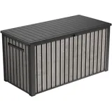 Keter Signature Aufbewahrungsbox 643L Venetian grau – Wetterfeste Gartenbox in Holzoptik mit Sitzfunktion & Gasdruckfedern – UV-beständige Kissenbox, abschließbar - 145x70,6x73,8cm