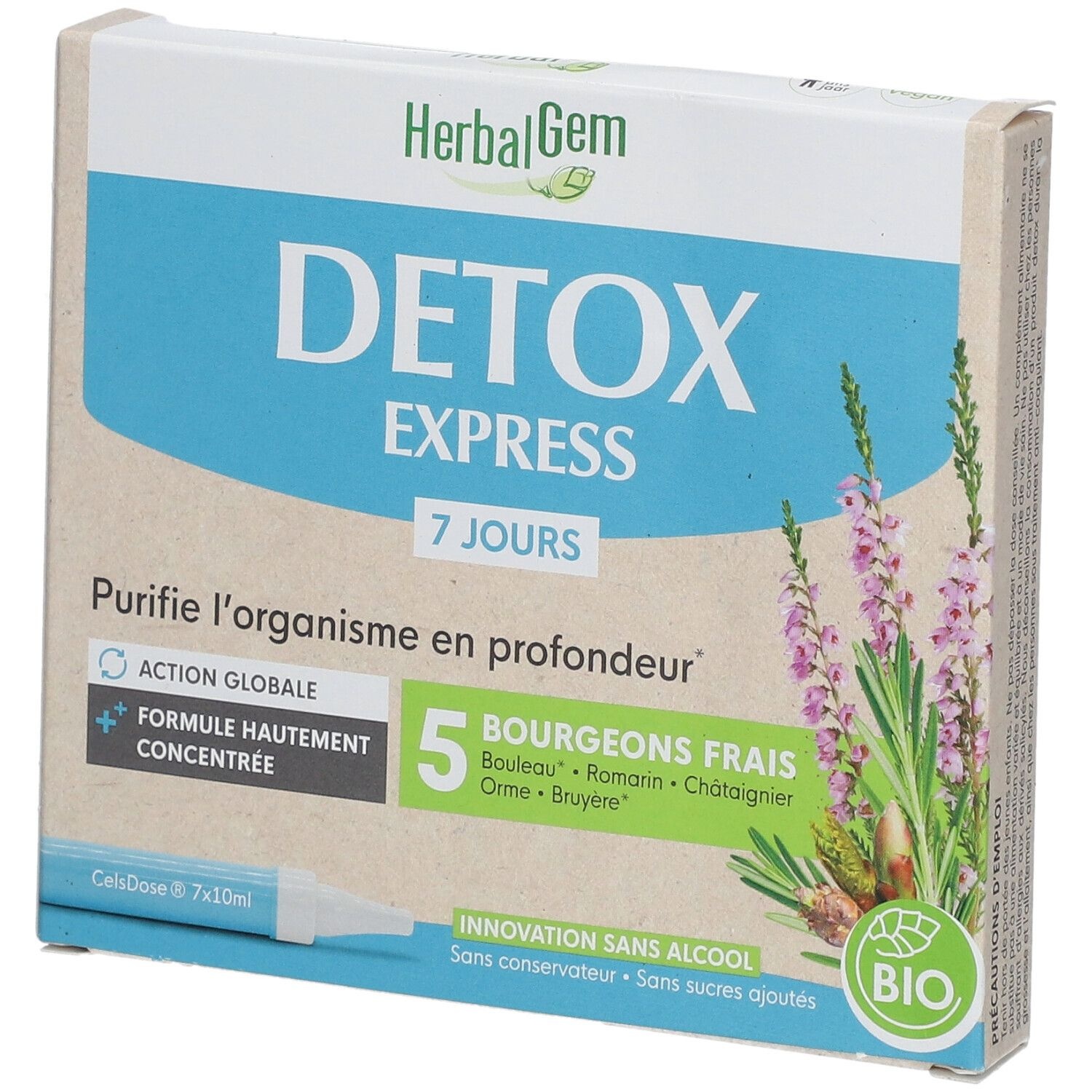 HERBALGEM - Detox Express 7 Jours - Purifie L'Organisme En Profondeur - Complément Alimentaire Gemmothérapie - Formule Hautement Concentrée - Action Globale - 5 Bourgeons Frais - Bio - 7x10ml 7 pc(s) goutte(s) orale(s)