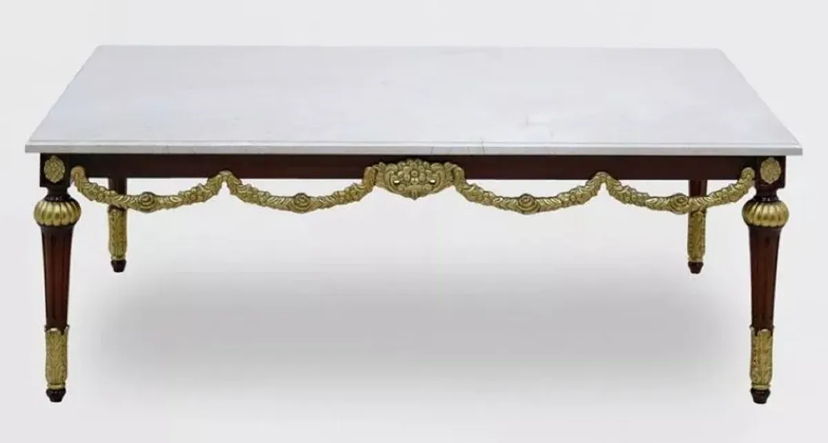 Casa Padrino Luxus Barock Couchtisch mit Marmorplatte Weiß / Dunkelbraun / Gold - Rechteckger Wohnzimmertisch im Barockstil - Barock Möbel - Edel & Prunkvoll