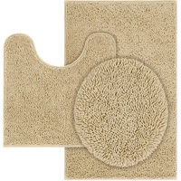 TREETONE Chenille-Badematten-Set, 3-teilig, WC-Vorleger-Set, 50,8 x cm, U-förmiger WC-Vorleger & 81,3 Teppich 1 Deckelbezug, weich, wasserabsorbierend, Plüsch-Teppiche für Badewanne, Dusche Bad, beige