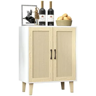 Panana Aufbewahrungsschrank, Rattan Sideboard Schrank mit 2 Rattan-Türen, Küche Akzentschrank mit Massivholzfüßen, Buffetschrank für Esszimmer, Flur, Eingang, Wohnzimmer (Weiß)