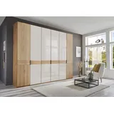 Drehtürenschrank WIEMANN "Cardiff, Massivholztüren in Kombination mit Glas- oder Spiegeltüren", weiß (glas weiß), B:295,2cm H:236cm T:58cm, Floatglas, Holzwerkstoff, Hartfaserplatte, Massivholz, Schränke, hochwertiges Design in langlebiger Qualität, viel Stauraum