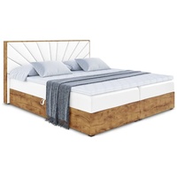 ALTDECOR Boxspringbett LOLLI6 mit H4-Matratze + Topper, Kopfteil und Bettkasten mit Eiche Holz - 180x200 - Weiß Kunstleder