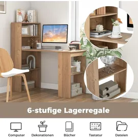 Costway Schreibtisch mit Bücherregal, Computertisch mit 6 Regalen, PC-Tisch mit Regal rechts oder Links, Bürotisch, 122 x 56 x 122 cm Natur