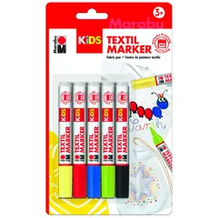 Marabuwerke KiDS Textil marker, Schwarz, Blau, Grün, Rot, Gelb, Textilfarbe, 5 S