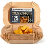 Moritz & Moritz Airfryer Backpapier rechteckig 20,5 x 14 cm – 125 Einweg-Einlagen, 4,5 cm Rand – antihaft, wasser- und ölbeständig bis 220 °C – für Dual-Zone Heißluftfritteusen und Backofen