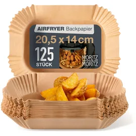 Moritz & Moritz Airfryer Backpapier rechteckig 20,5 x 14 cm – 125 Einweg-Einlagen, 4,5 cm Rand – antihaft, wasser- und ölbeständig bis 220 °C – für Dual-Zone Heißluftfritteusen und Backofen