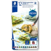 Staedtler Design Journey abgetönte wasservermalbare Stifte 146, klassischs Seschskntformat, weiche und intensive Mine, 12 Aquarellfarben im Metalletui, 14610T M12