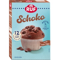 RUF Schoko-Muffins Backmischung, schokoladige American Style Muffins mit Schockoflocken, einfache Zubereitung, 12 Muffin-Förmchen inklusive