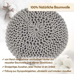 Amagohome Sitzpouf Strickhocker Pouf Ø45 H30cm Bodenkissen Indoor Baumwolle nachhaltig recycelt : hellgrau