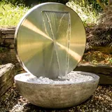 KÖHKO® Wasserwand Ø 55 CM mit einer Halbschale in Natursteinoptik mit LED- Beleuchtung „Bocca“ 22011 aus matt gebürsteten Edelstahl mit Bec... - Silber