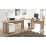 Stella Trading Office LINE Eckschreibtisch in Eiche Sonoma Optik, Weiß - Moderner Bürotisch Computertisch mit großer Arbeitsfläche und Rollcontainer - 220/170 x 72 x 70 cm (B/H/T)