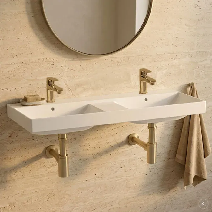 CARLDIX x LAUFEN Doppelwaschtisch 120 cm A91003012001  mit Ablage, Weiß, 1200 x 460 mm, mit 2 Hahnlöchern und Überläufen