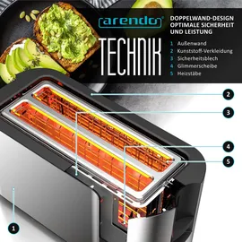 Arendo Toaster für 4 Scheiben Langschlitz 1500 W, Brötchenaufsatz, Wärmeisoliert, Display, Touch, Silber