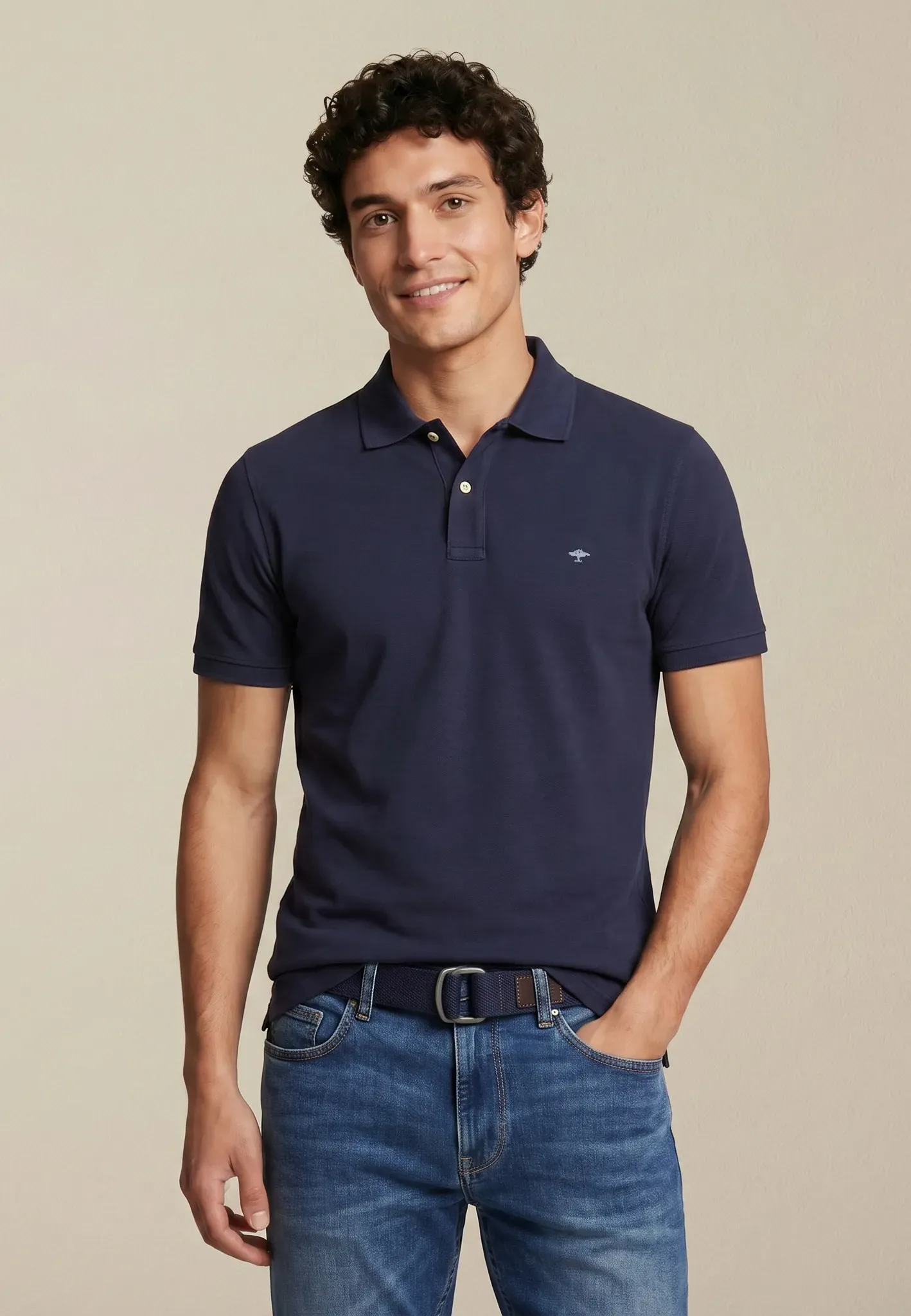 Poloshirt FYNCH-HATTON, Herren, Gr. L (52/54), blau (navy), Jersey, Obermaterial: 100% Baumwolle, unifarben, normal, ohne Ausschnitt, Shirts, normale Passform, mit 2-Knopf-Polokragen, aus Baumwolle