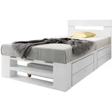 Lermowood Palettenbett M2 aus Holz 100 x 200 cm Weiß mit Kopfteil und 2 Bettkästen Holzbett 40cm Stabiles Seniorenbett Kinderbett Jugendbett Gästebett erhöhtes Bettgestell Futon Komforthöhe Naturholz