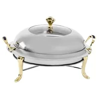 Chafing Dish Rund 3L mit Glasdeckel, Edelstahl Warmhaltebehälter Speisewärmer mit Goldgriff für Buffet Camping Hochzeit Party