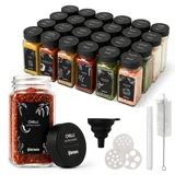 CLP Gewürzgläser eckig 24er Set (120ml), Gewürzstreuer klein mit Streueinsätzen und Etiketten, inkl. Trichter und Reinigungsbürste Farbe schwarz Material Kunststoff