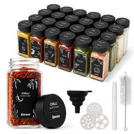 CLP Gewürzgläser eckig 24er Set (120ml), Gewürzstreuer klein mit Streueinsätzen und Etiketten, inkl. Trichter und Reinigungsbürste Farbe schwarz Material Kunststoff