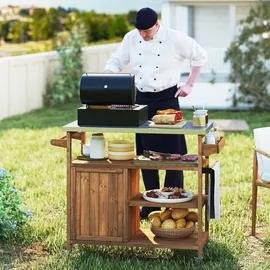 Costway Grillwagen Outdoor, Servierwagen auf Rollen, mit Edelstahl-Arbeitsplatte, Ablagen, Gewürzregal, Schrank&Handtuchhalter, (1 Tür-118x47x92 cm) - Naturbelassen