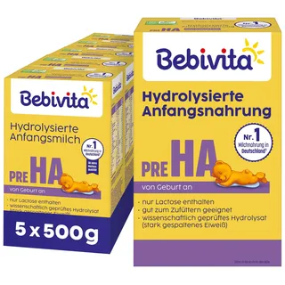 Bebivita PRE HA (5 x 500g), hydrolysierte Anfangsmilch von Geburt an, enthält nur Lactose als Kohlenhydrat, gut zum Zufüttern
