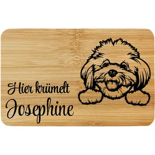 Frühstücksbrettchen Brettchen Bambus Holz Hund Bichon Frise Lasergravur "Hier krümelt .." mit Wunschname Personalisiert