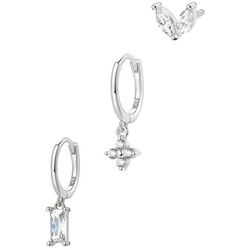 Hey Happiness Ohrring-Set 3er Set Stacking Ohrringe 925er Sterling Silber (Set, Ohrringe Set), Baguette Creolen, Schmucksteine Huggie und Leuchtkäfer Ohrstecker, Hochzeitschmuck silberfarben