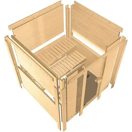 Karibu Sauna Gobin mit Fronteinstieg 68 mm-Ohne Ofen-Ohne Dachkranz-Klarglas Ganzglastür inkl. 10-teiligem gratis Saunaset im Wert von 232,94 €