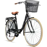 Bergsteiger Paris 26 Zoll Damenfahrrad, ab 140 cm, Korb, Fahrrad-Licht, Shimano 6 Gang-Schaltung, Damen-Citybike, Damenrad im Retro-Design - Schwarz