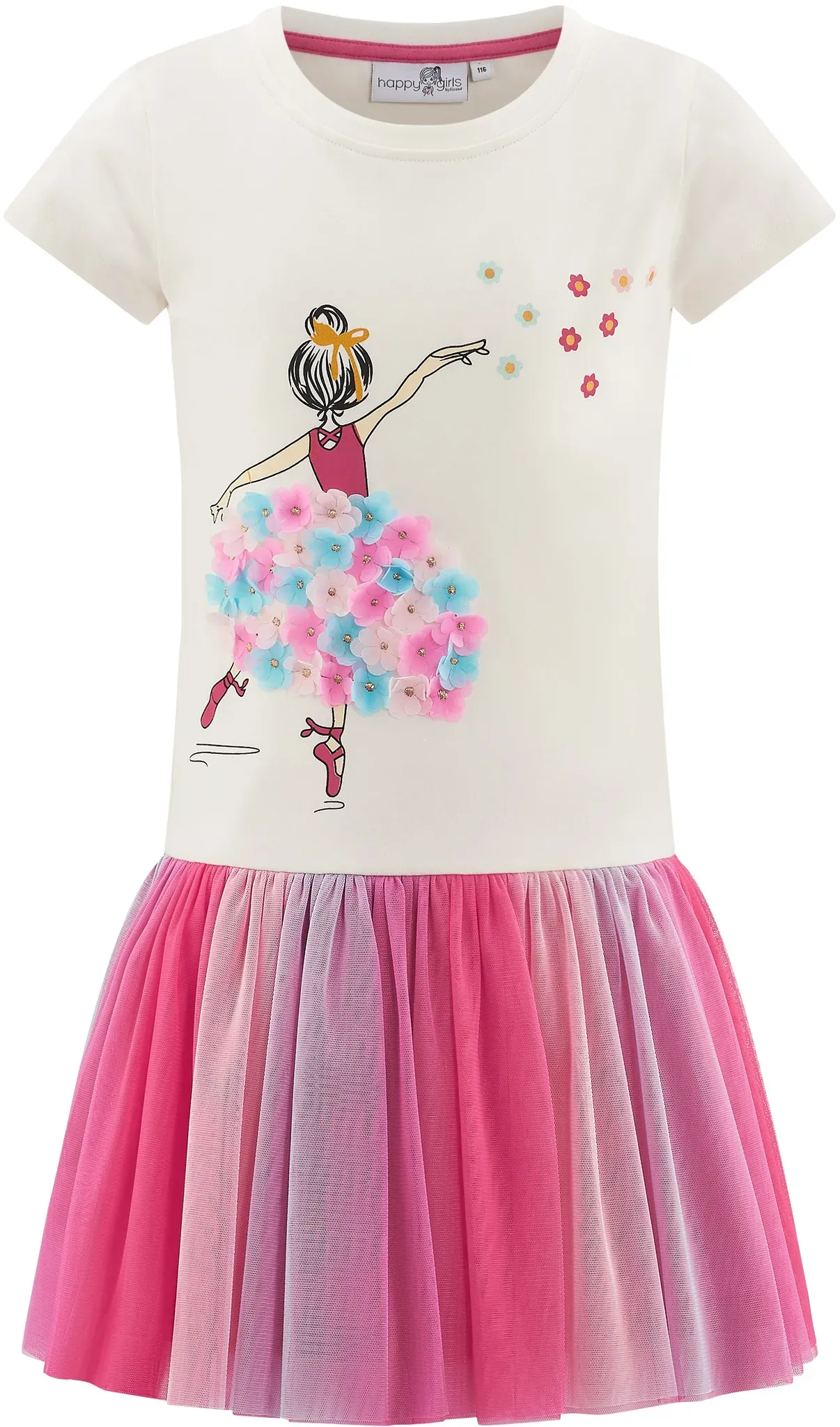 Sommerkleid HAPPY GIRLS, Mädchen, Gr. 104, N-Gr, ecru, Jersey, Obermaterial: 95% Baumwolle, 5% Elasthan. Futter: 100% Polyester. Unterteil: 100% Polyester, bedruckt, Basic knieumspielend, Rundhals, Kleider Sommerkleid, mit angesetztem Tüllrock und hochwertigem Frontmotiv
