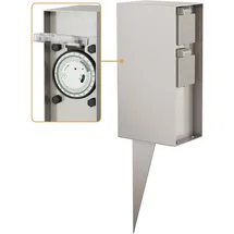 ledscom.de Garten-Steckdosensäule POMI mit Erdspieß für außen, IP44, Timer/Zeitschaltuhr, 2-Fach, Edelstahl, eckig, 23cm