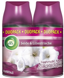 AIR WICK Freshmatic Max Nachfüller, 2 x 250 ml, Nachfüllduft passend für Freshmatic Max Complete Spender, Seide & Lilienfrische