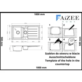 faizee home Granitspüle 2 Becken rechts Einbauspüle weiß Handbetätigung 1000 x 500 mm