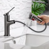 DASIAUTOEM Wasserhahn Bad, Wasserhahn Ausziehbar, Waschbecken Waschtischarmaturen mit Herausziehbarer Hochdruck Strahlarten Einhebelmischer für Badezimmer Waschbeckenarmatur (Grau)