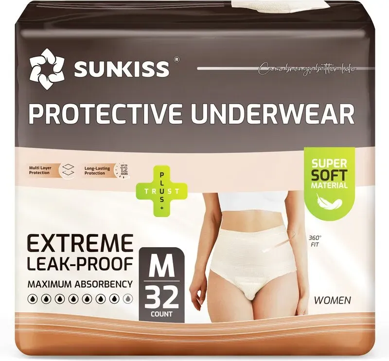 SUNKISS Inkontinenz-Pants für Damen, einweg, postpartal, tagsüber, super saugfähig, Größe M, Beige, 32 Stück