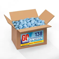 2,5 kg ca. 138 Sück GO clean! 12-in-1 Spülmaschinentabs - Pouches 18g in wasserlöslicher Folie. Starke Reinigungskraft gegen Schmutz und Fett.