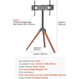 Vevor TV-Ständer mit Stativ-Staffelei für 1016-1651 mm flach & Curved-TVs bis zu 45 kg, 18° Links-Rechts-Drehung, tragbarer Fernsehständer mit Beinen aus Holz für Schlafzimmer Wohnzimmer Studio