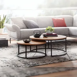 FineBuy Couchtisch FineBuy Sofatisch 2er Set Eiche Holz Metall Satztisch Tisch Rund