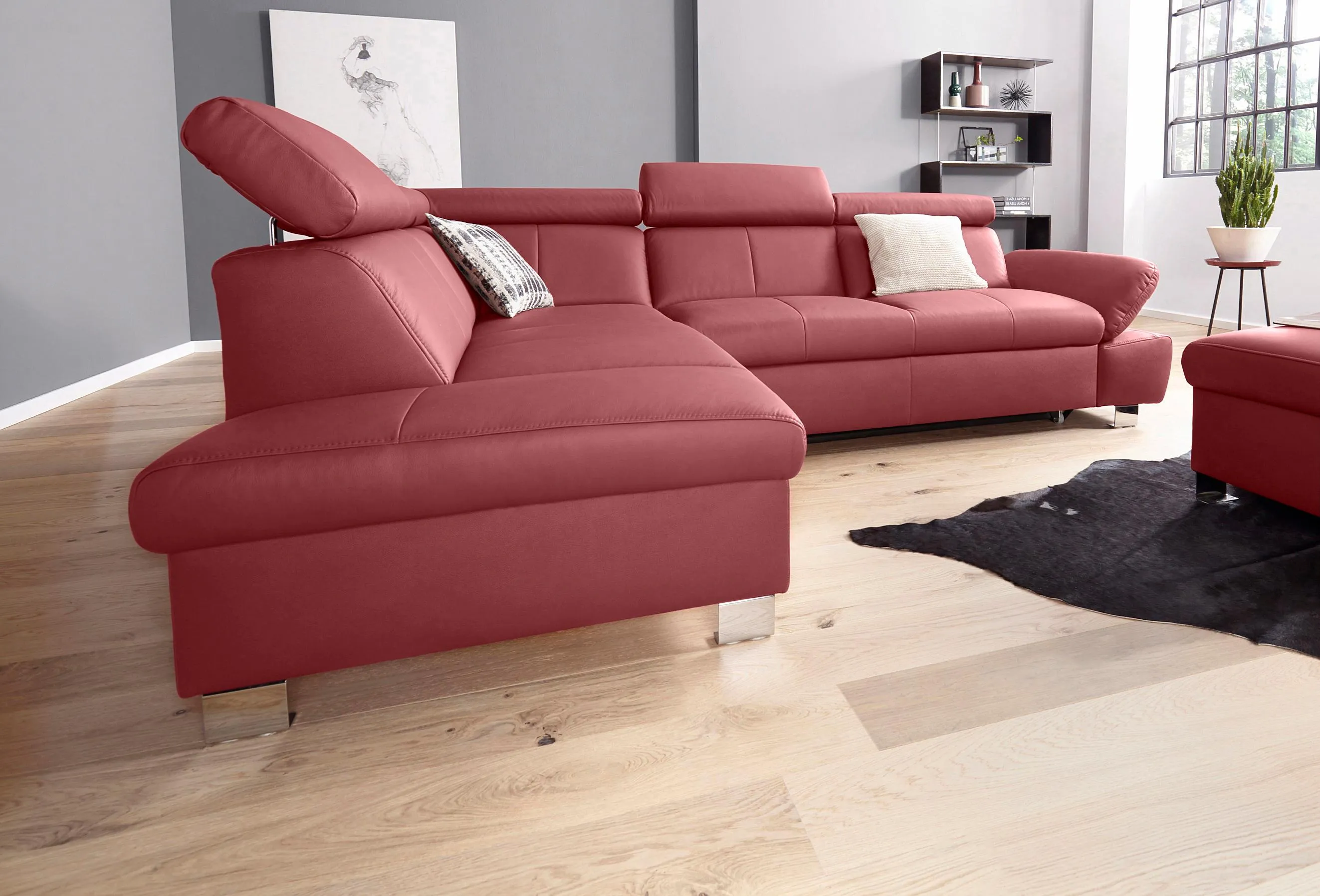 exxpo - sofa fashion Ecksofa »Happy, modern und bequem, L-Form«, inkl. Kopfteil- und Armlehnverstellung, wahlw. mit Bettfunktion, Leder exxpo - sofa fashion bordeaux