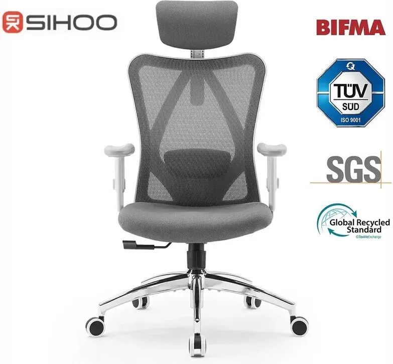 Sihoo M18 ergonomischer Bürostuhl, Schreibtischstuhl mit verstellbarer Kopfstütze und Lordosenstütze, drehbarer Chefsessel mit hoher Rückenlehne für das Homeoffice (Grau)
