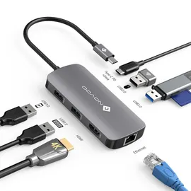 NOVOO USB-C-Hub, 7 in 1, Adapter USB C auf HDMI, 4 K, USB-C-Hub mit Ethernet, 4 x USB, 100 W PD Ladeanschluss, Mulitport Dock USB C Adapter kompatibel mit MacBook Pro MacBook Air