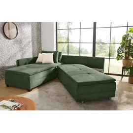 luma-home Ecksofa-Dauerschläfer, Doppelbett 306/223/95 cm Boxspring Federkern Ecksofa 306x223 Dauerschläfer, Bettkasten, Nachtkonsole, Schwenkteil beidseitig montierbar, Cord Grün / 15164