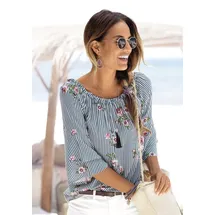 LASCANA Carmenbluse LASCANA, Damen, Gr. 50, blau (marine, weiß, gestreift), Web, Obermaterial: 100% Viskose, bedruckt, figurumspielend hüftlang, Carmenausschnitt, Volant, Blusen, mit modischem Druck, Damenbluse, schulterfrei, casual, Topseller