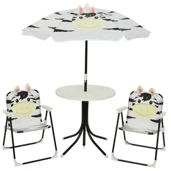 Kindersitzgruppe Zebra MARTY - 2 Stühle und Tisch mit Sonnenschirm - 4teilig - weiß, schwarz