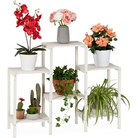 Relaxdays Blumenregal Holz, 6 Ablagen für Pflanzen, dekorative Blumentreppe für Indoor, stehend, 70 x 89 x 26,5 cm, weiß, Medium
