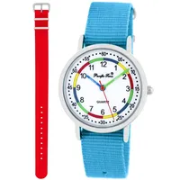 Pacific Time Lernuhr Mädchen Jungen Kinder Armbanduhr 2 Armband hellblau + rot analog Quarz 11044