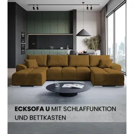 bromarkt Ecksofa NUBES Schlaffunktion Bettkasten U-Form 372x184x85cm Senf - Gelb,