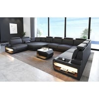 Sofa Dreams Wohnlandschaft Leder Sofa Asti U Form, Couch, U Form Ledersofa mit LED, Designersofa grau|schwarz